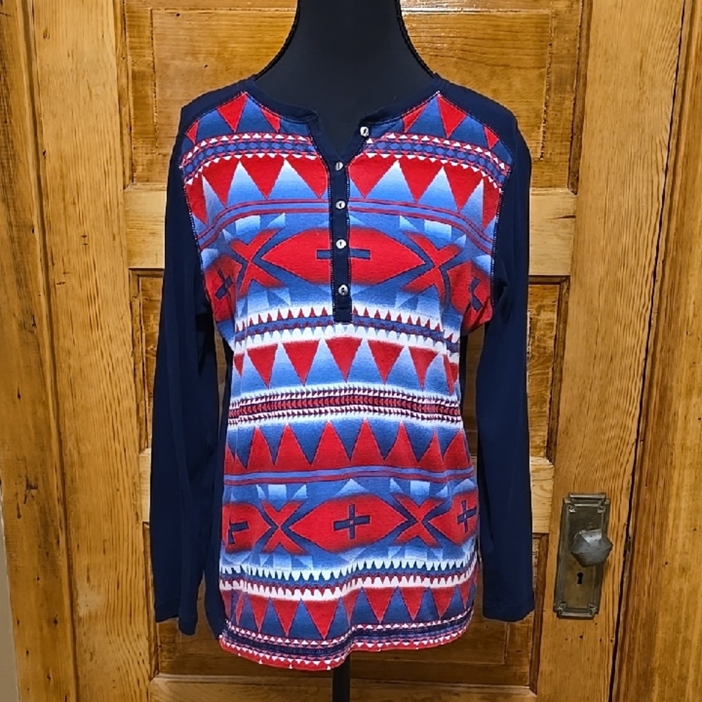 Chaps Navy Red And White Tribal Print Long Sleeve 100% Cotton Henley Shirt  L